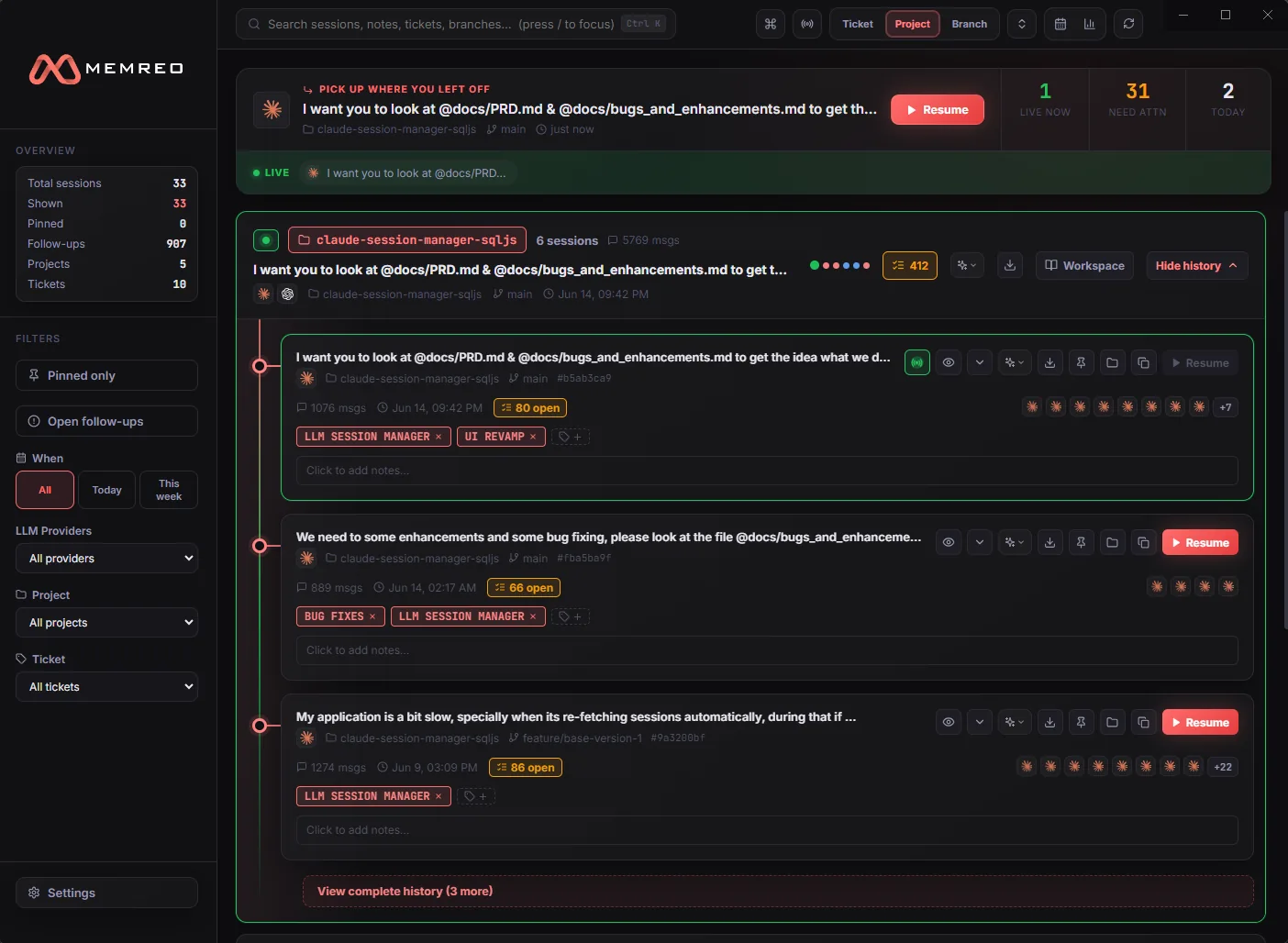 Memreo session list with grouped ticket cards, a pick-up-where-you-left-off header, and live indicators