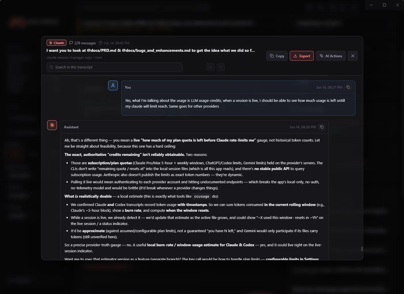 Read-only transcript with rendered markdown and a Changes tab