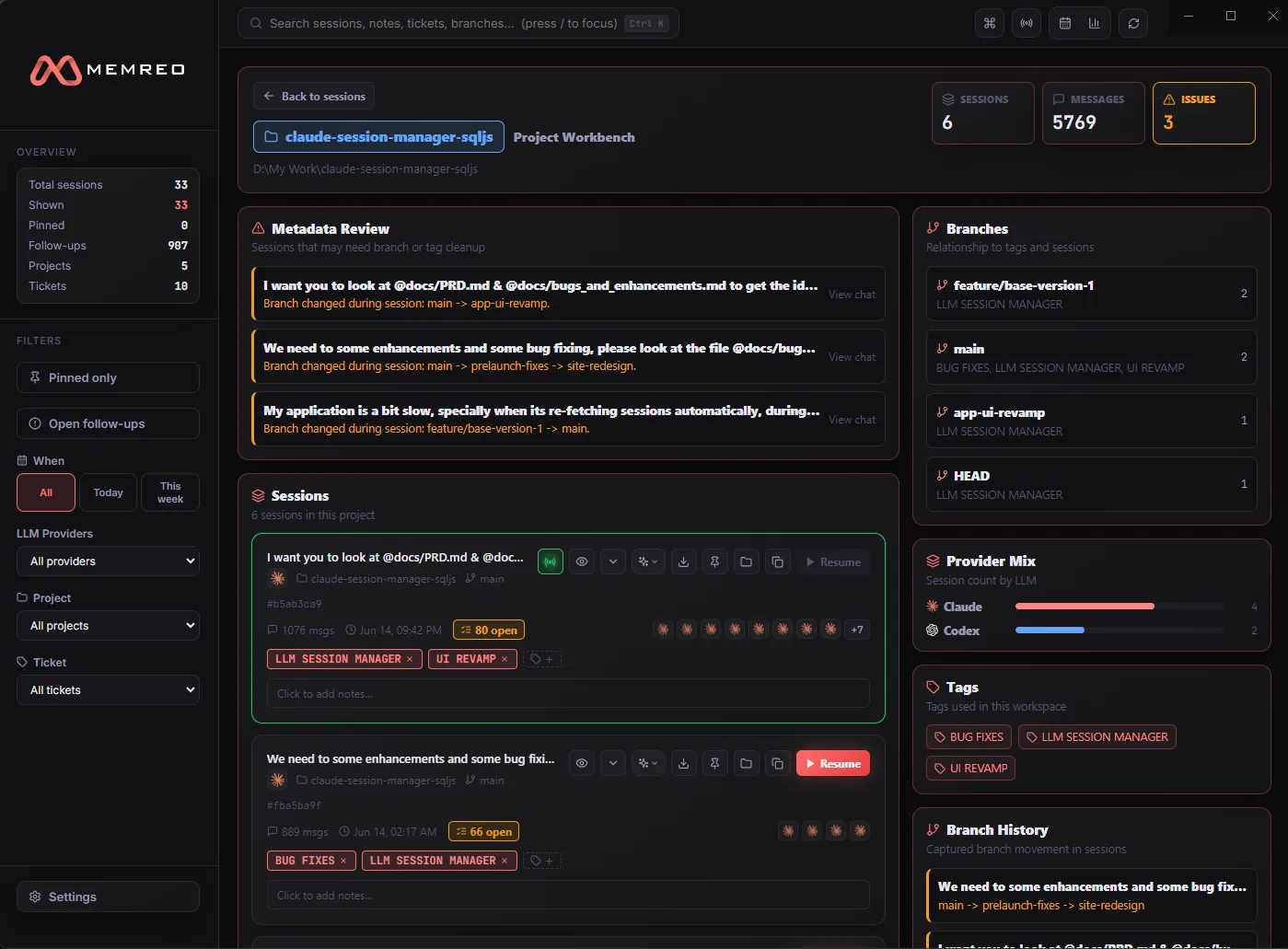 Ticket workspace grouping every session, note, and follow-up filed under one ticket